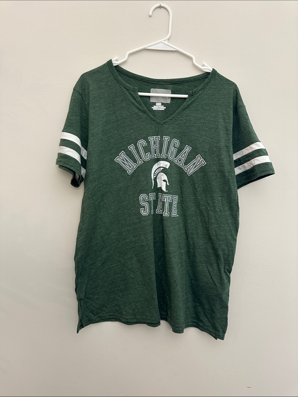 Michigan State Women's Forest Green V-Neck Tee with Sleeve Stripes